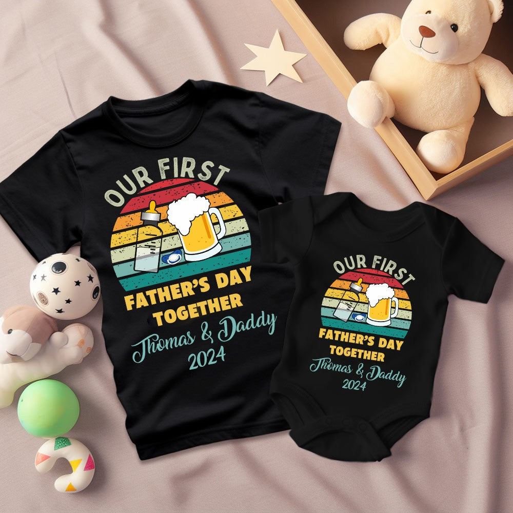 Personalized Beer & Bottle Matching Shirts, Our First Father's Day Together Shirt, Cotton T-shirts/Rompers, Family Shirts, Gifts for New Dads/Baby