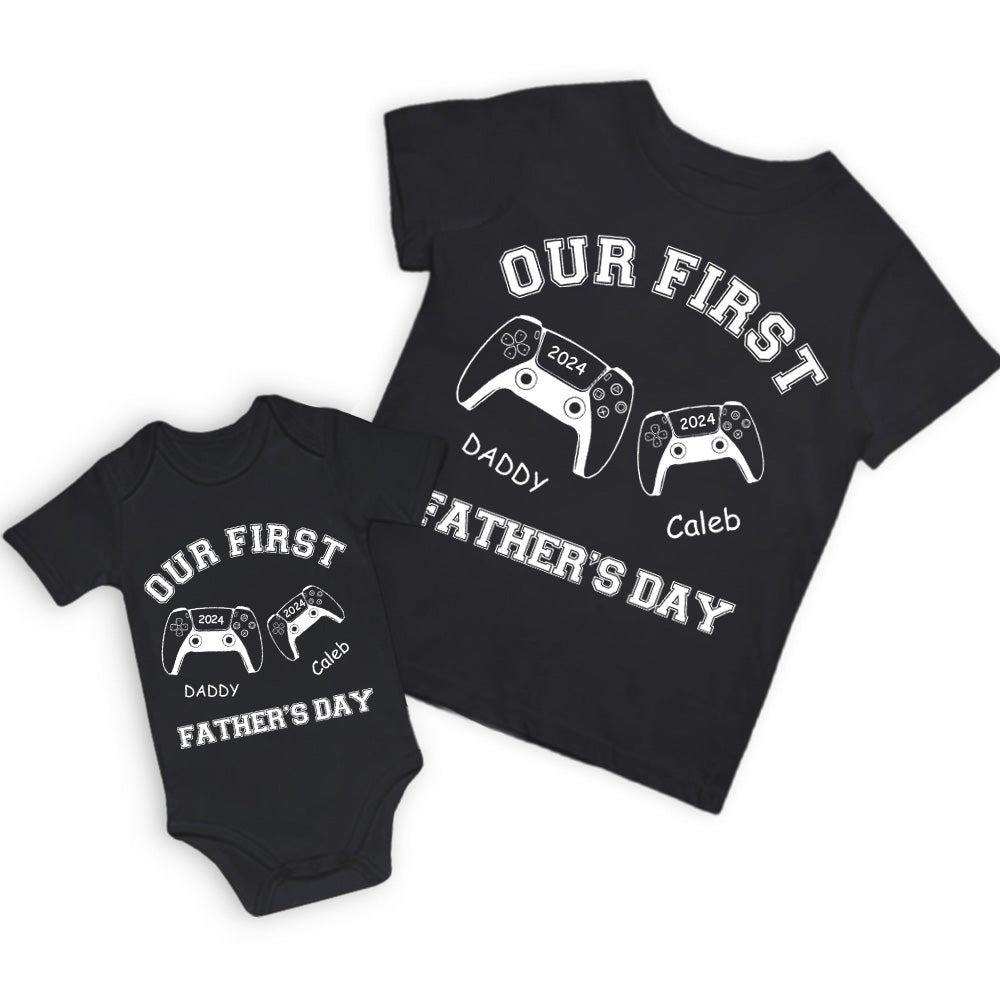 Customized Name Game Console Parent-child Shirt, Dad & Baby Matching Gaming Shirt, Cotton T-shirts/Rompers, Father's Day Gift for New Dads/Babys