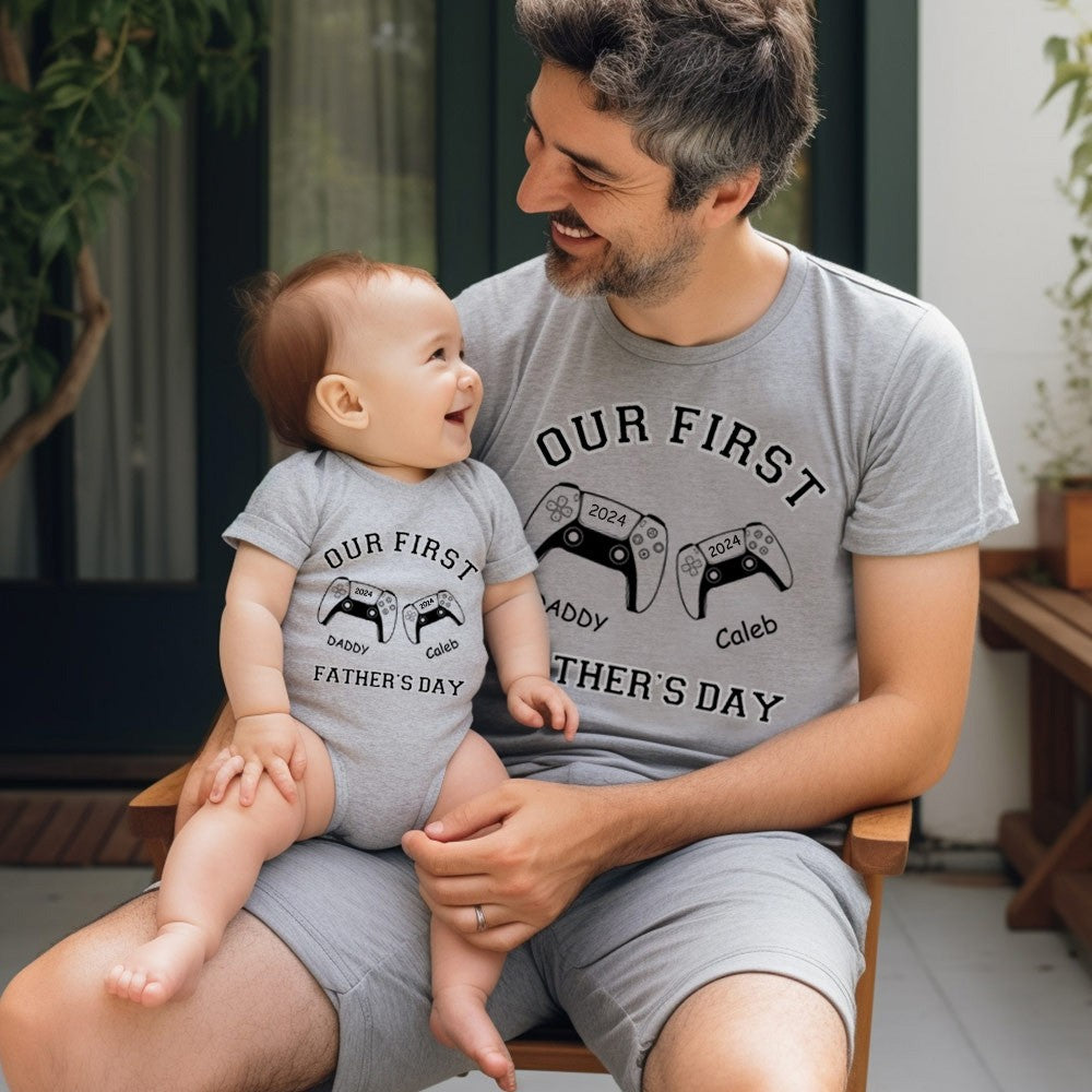 Customized Name Game Console Parent-child Shirt, Dad & Baby Matching Gaming Shirt, Cotton T-shirts/Rompers, Father's Day Gift for New Dads/Babys