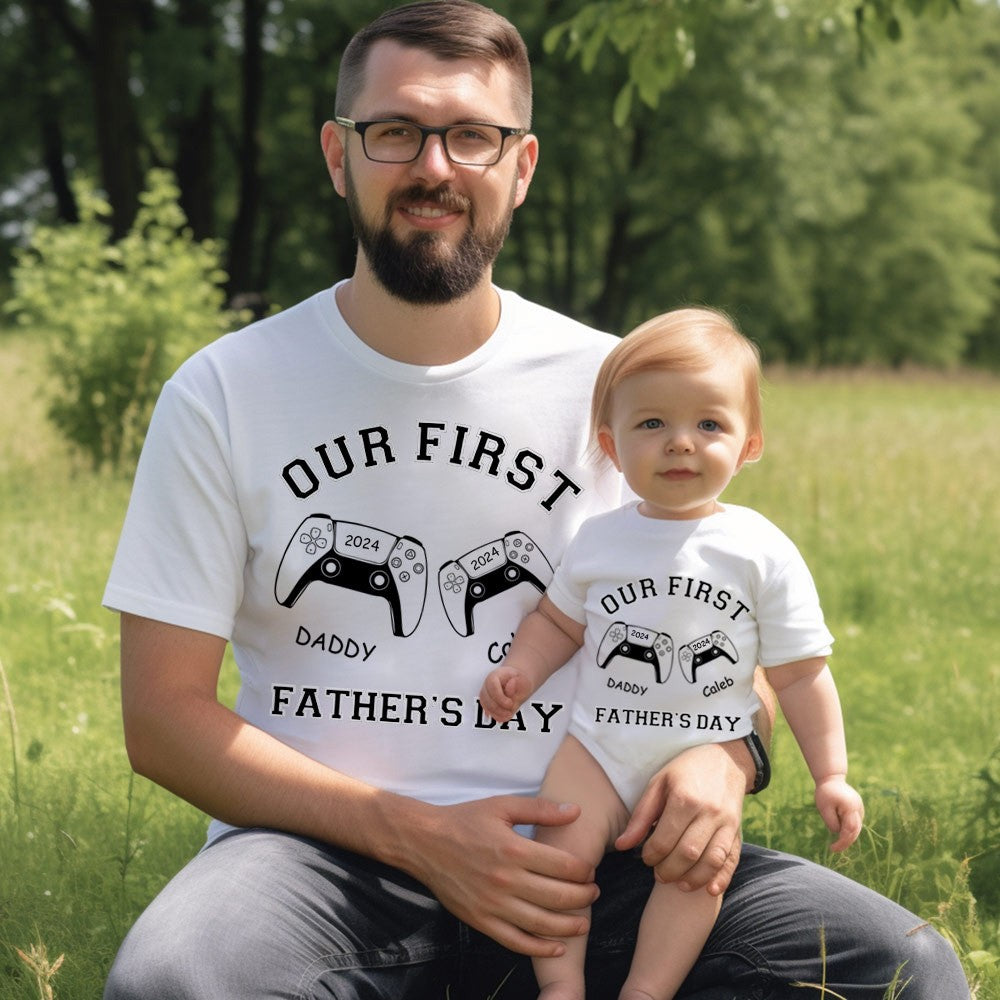 Customized Name Game Console Parent-child Shirt, Dad & Baby Matching Gaming Shirt, Cotton T-shirts/Rompers, Father's Day Gift for New Dads/Babys
