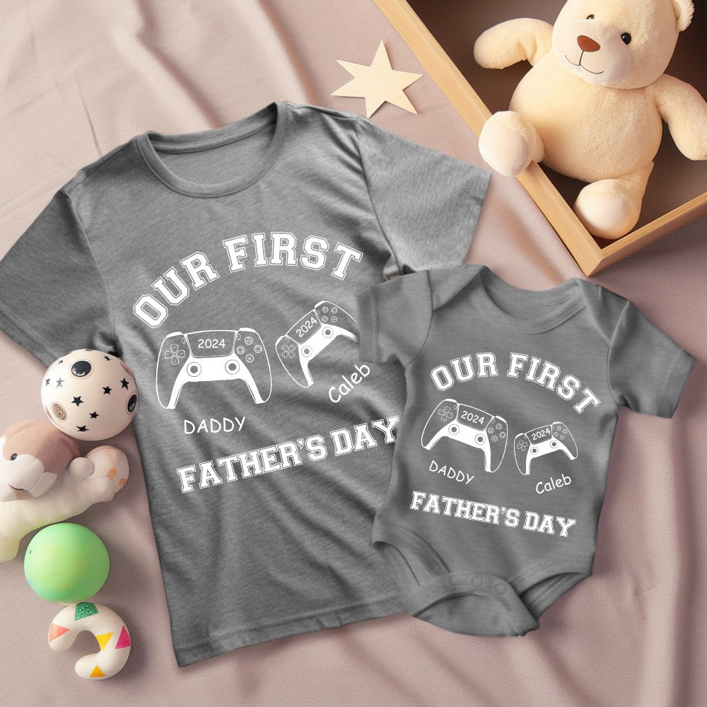 Customized Name Game Console Parent-child Shirt, Dad & Baby Matching Gaming Shirt, Cotton T-shirts/Rompers, Father's Day Gift for New Dads/Babys
