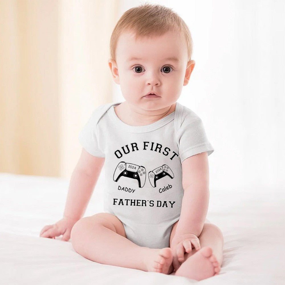 Customized Name Game Console Parent-child Shirt, Dad & Baby Matching Gaming Shirt, Cotton T-shirts/Rompers, Father's Day Gift for New Dads/Babys