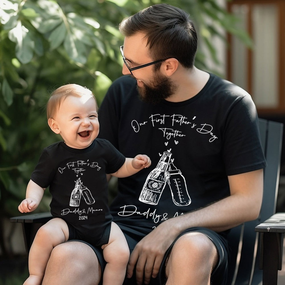 Custom Name Beer & Baby Bottle matching T-Shirts, Our First Father's Day Together Shirt, Cotton Shirt/Baby Bodysuit, Gift for Dad/Newborn/Baby