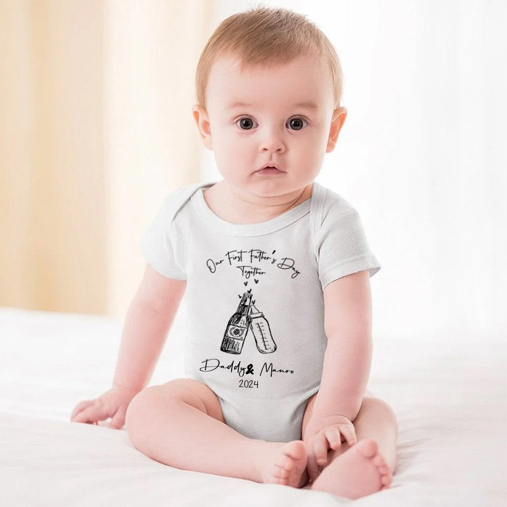 Custom Name Beer & Baby Bottle matching T-Shirts, Our First Father's Day Together Shirt, Cotton Shirt/Baby Bodysuit, Gift for Dad/Newborn/Baby