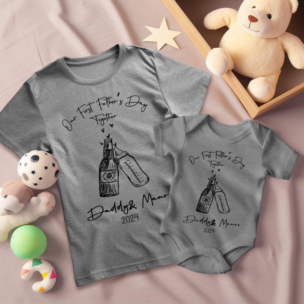 Custom Name Beer & Baby Bottle matching T-Shirts, Our First Father's Day Together Shirt, Cotton Shirt/Baby Bodysuit, Gift for Dad/Newborn/Baby