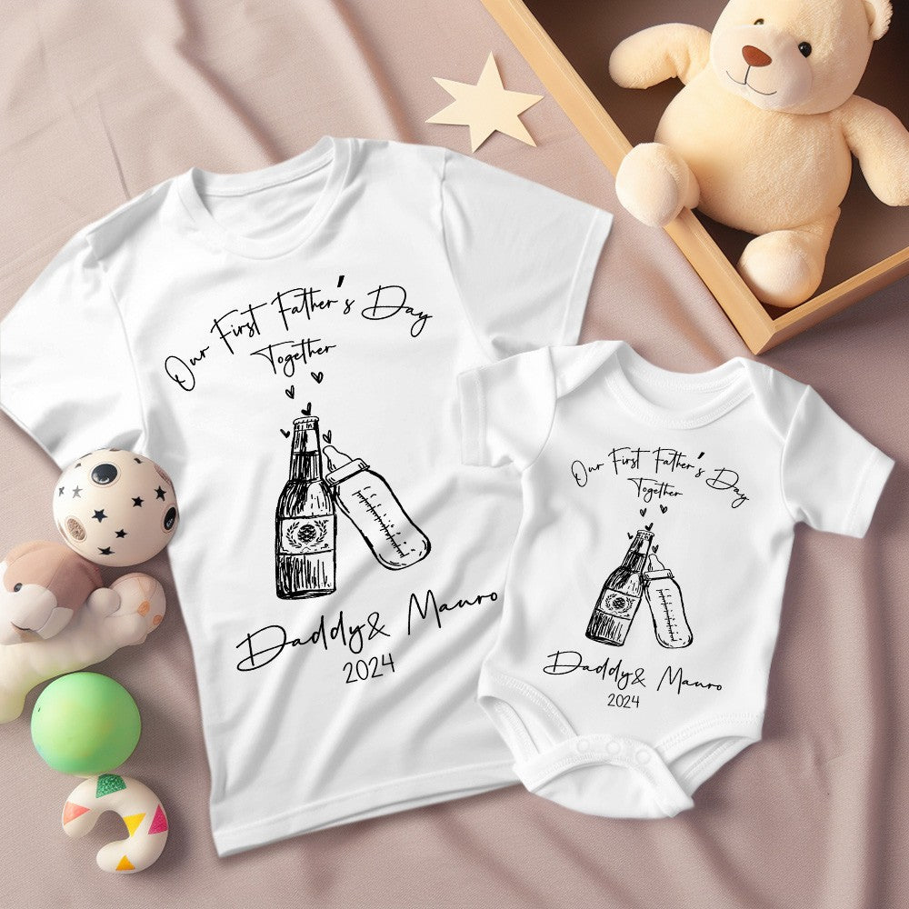 Custom Name Beer & Baby Bottle matching T-Shirts, Our First Father's Day Together Shirt, Cotton Shirt/Baby Bodysuit, Gift for Dad/Newborn/Baby