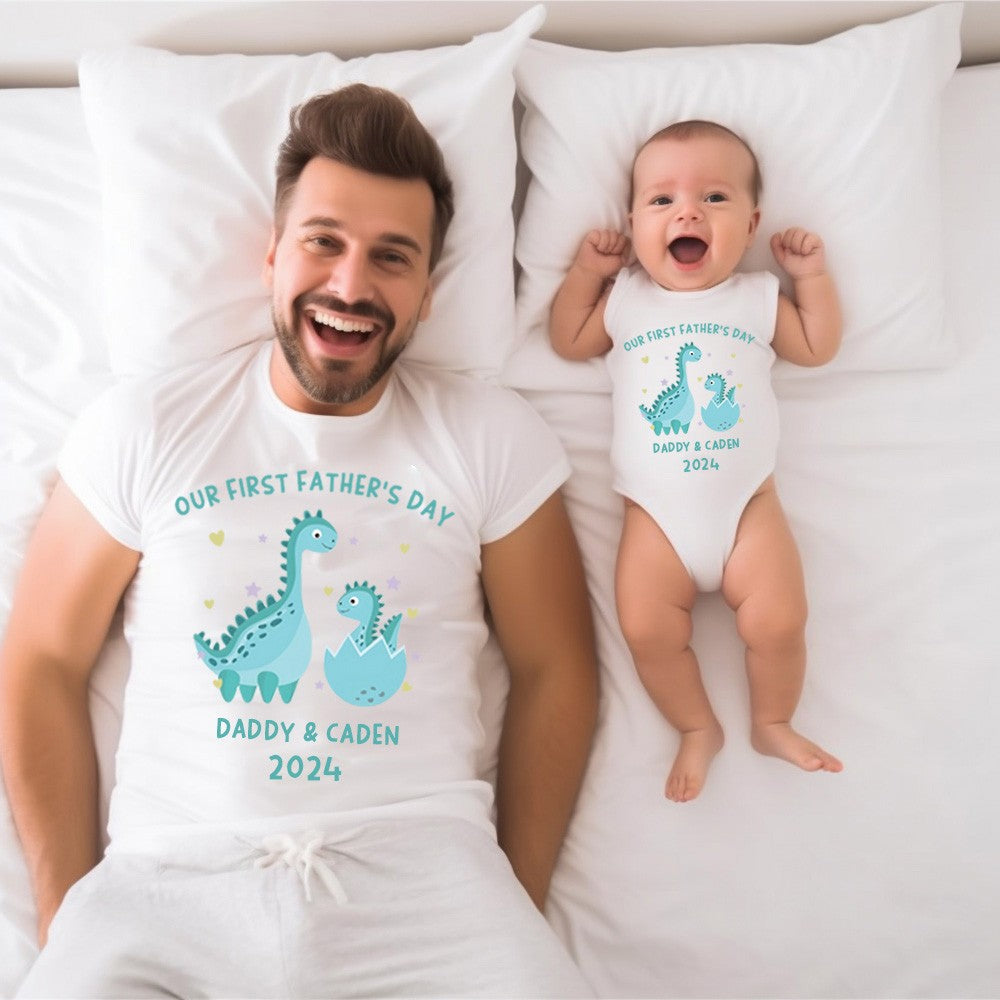 Customized Dinosaur Name Parent-child Shirt, Our First Father's Day Shirt, Cotton Father&Baby Bodysuit, Birthday/Father's Gift for Dad/Grandpa
