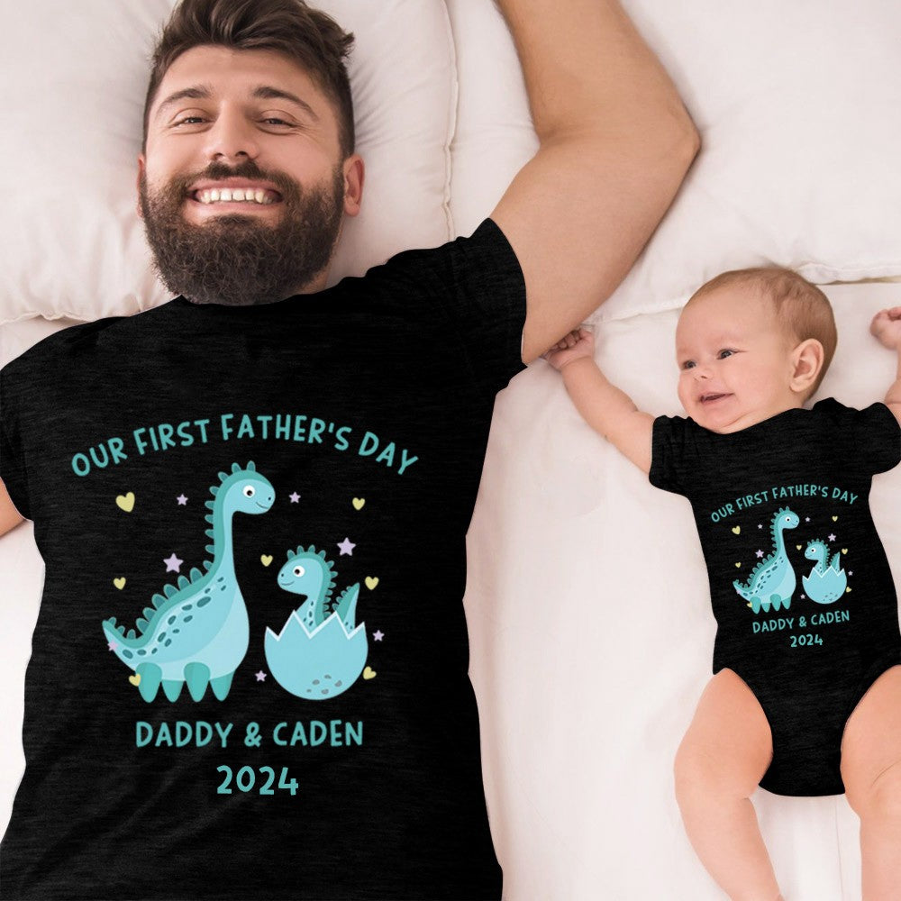 Customized Dinosaur Name Parent-child Shirt, Our First Father's Day Shirt, Cotton Father&Baby Bodysuit, Birthday/Father's Gift for Dad/Grandpa