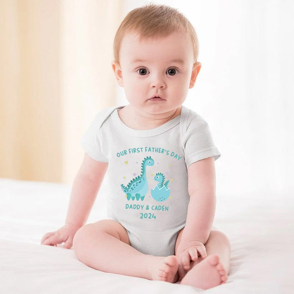 Customized Dinosaur Name Parent-child Shirt, Our First Father's Day Shirt, Cotton Father&Baby Bodysuit, Birthday/Father's Gift for Dad/Grandpa