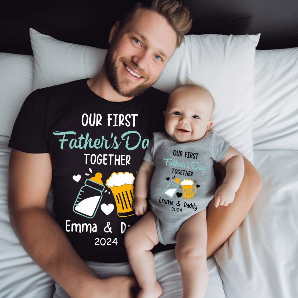 Personalized Beer & Bottle Matching Shirts, Our First Father's Day Together Shirt, Cotton Bodysuit, Father and Baby Shirt, Father's Day Gift for Dad