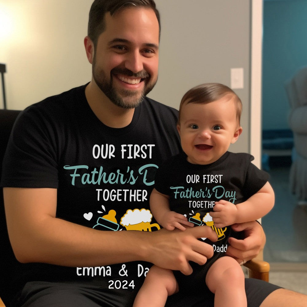 Personalized Beer & Bottle Matching Shirts, Our First Father's Day Together Shirt, Cotton Bodysuit, Father and Baby Shirt, Father's Day Gift for Dad