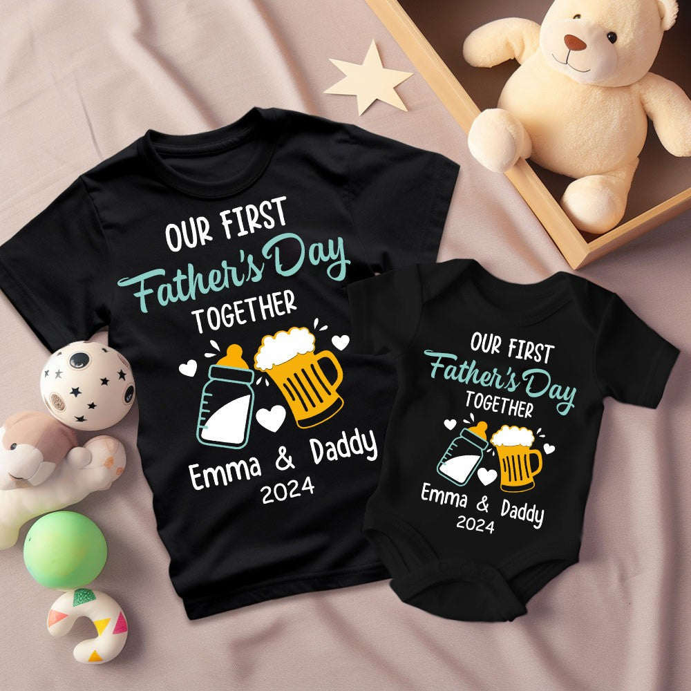 Personalized Beer & Bottle Matching Shirts, Our First Father's Day Together Shirt, Cotton Bodysuit, Father and Baby Shirt, Father's Day Gift for Dad