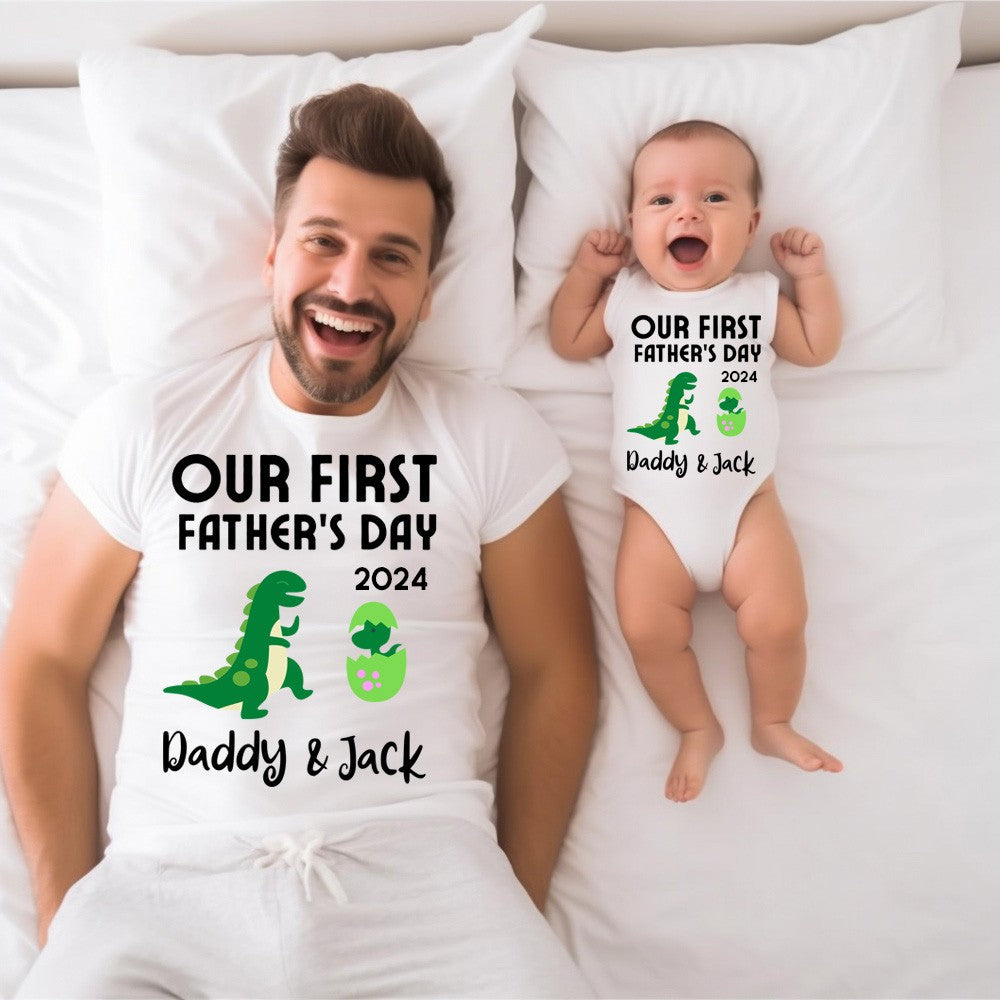 Custom Tyrannosaur T-Shirt, Our First Father's Day Shirt, Family Gift, Cotton Matching Shirt, Father's Day Gift, Gift for Dad/Baby