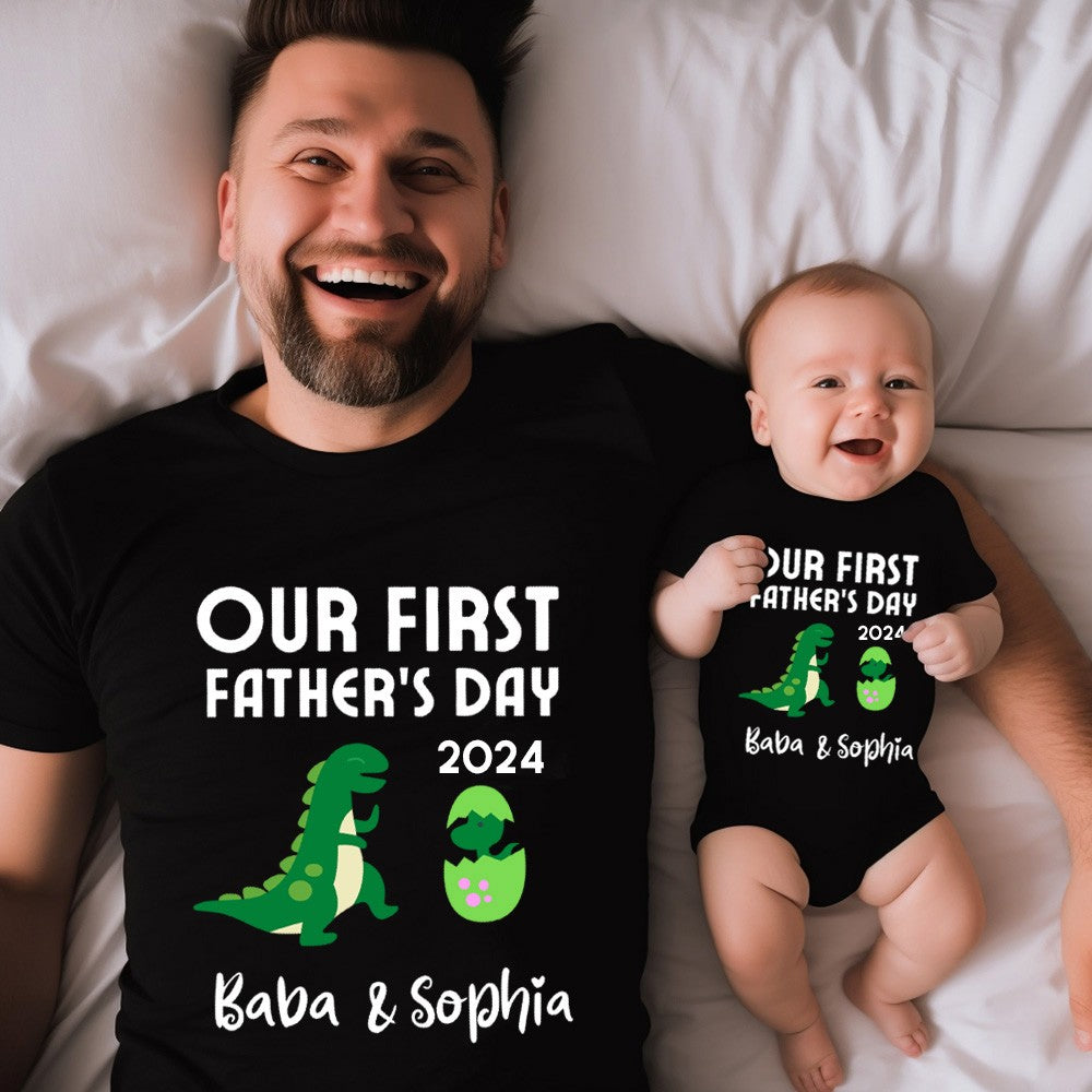Custom Tyrannosaur T-Shirt, Our First Father's Day Shirt, Family Gift, Cotton Matching Shirt, Father's Day Gift, Gift for Dad/Baby