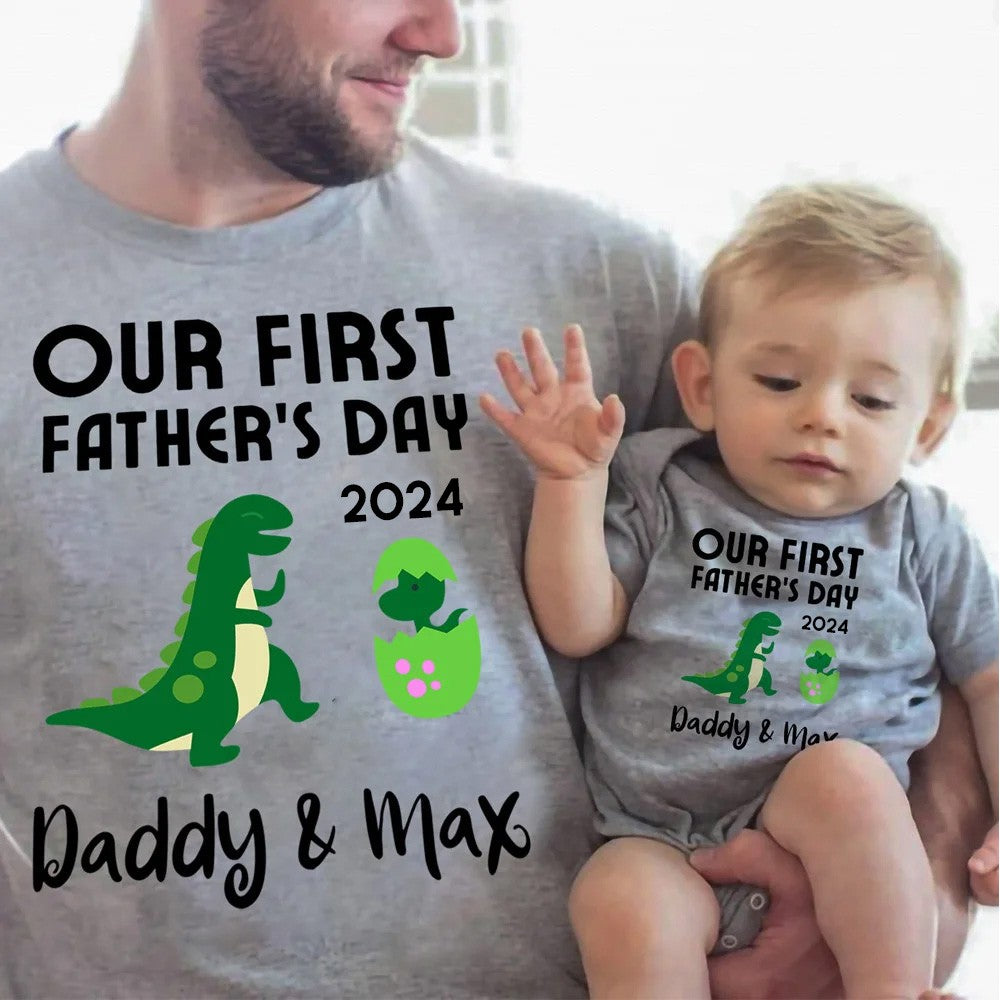 Custom Tyrannosaur T-Shirt, Our First Father's Day Shirt, Family Gift, Cotton Matching Shirt, Father's Day Gift, Gift for Dad/Baby