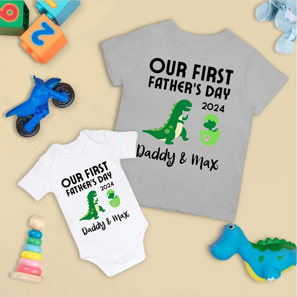 Custom Tyrannosaur T-Shirt, Our First Father's Day Shirt, Family Gift, Cotton Matching Shirt, Father's Day Gift, Gift for Dad/Baby