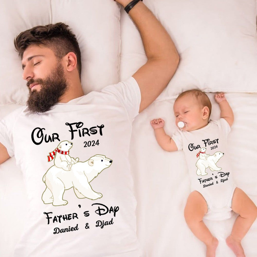 Custom Polar BearT-Shirt&Baby Rompers, Our First Father's Day Shirt, Family Gift, Cotton Matching Shirt, Father's Day Gift, Gift for Dad/Baby