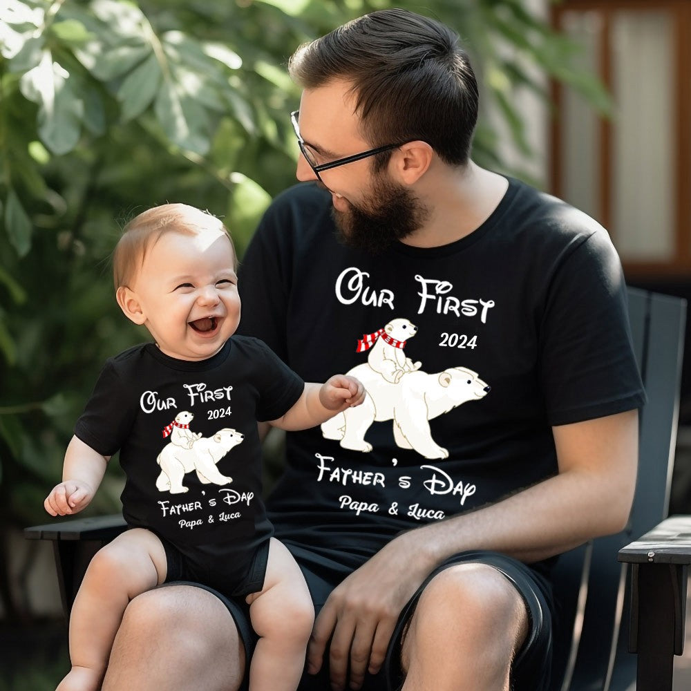 Custom Polar BearT-Shirt&Baby Rompers, Our First Father's Day Shirt, Family Gift, Cotton Matching Shirt, Father's Day Gift, Gift for Dad/Baby