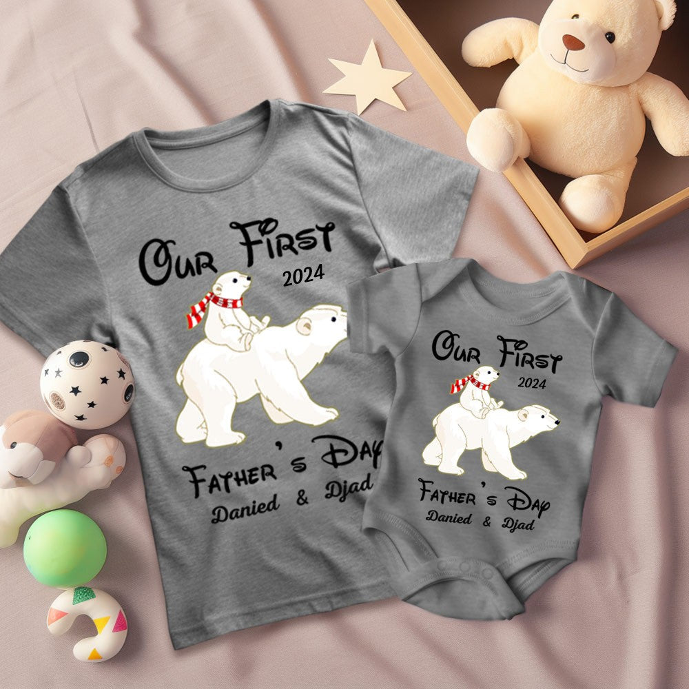 Custom Polar BearT-Shirt&Baby Rompers, Our First Father's Day Shirt, Family Gift, Cotton Matching Shirt, Father's Day Gift, Gift for Dad/Baby