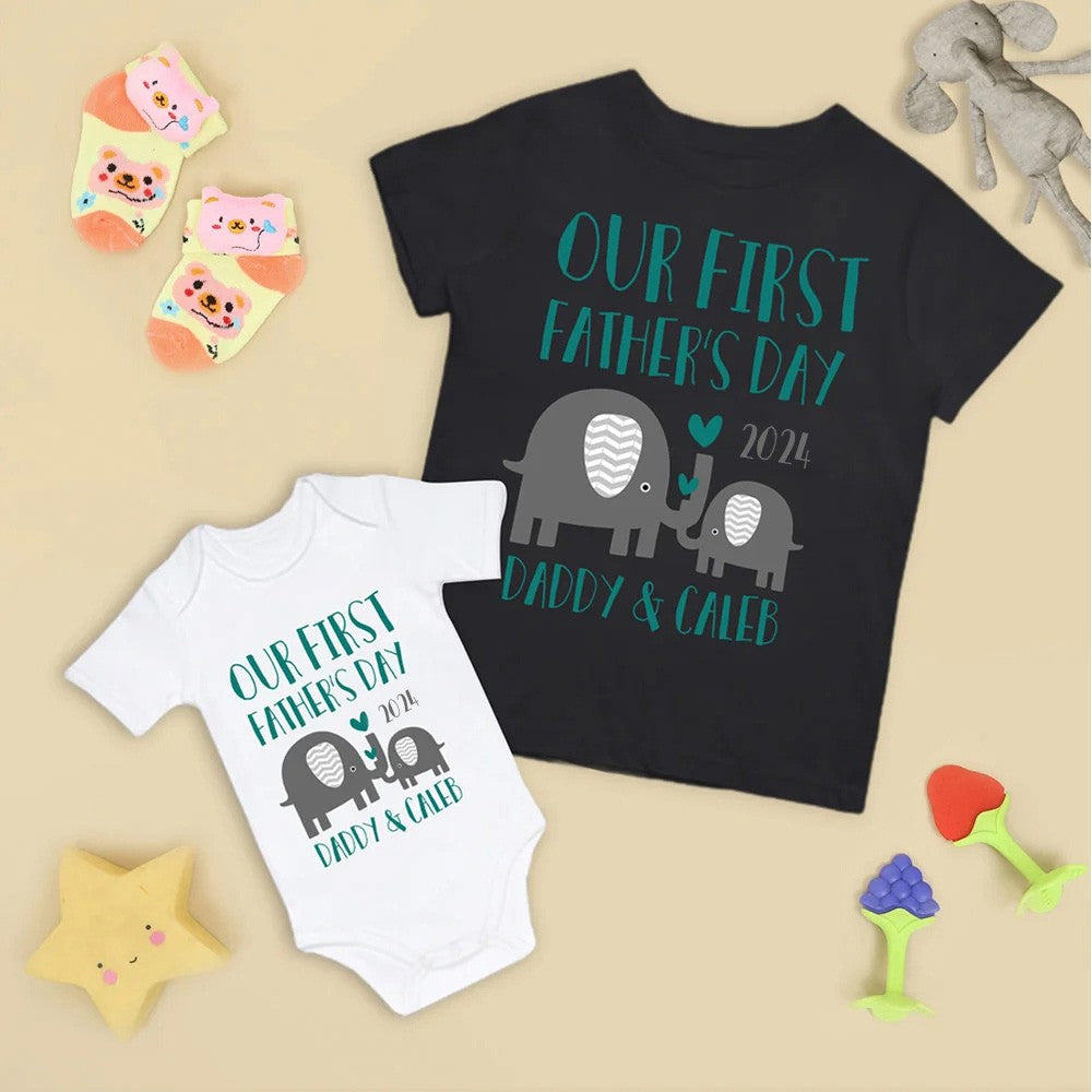 Personalized Elephant Parent-Child Shirts, Our First Father's Day Shirt, Elephant Shirt, Cotton Father & Baby Matching Shirts, Gift for Dad/Grandpa