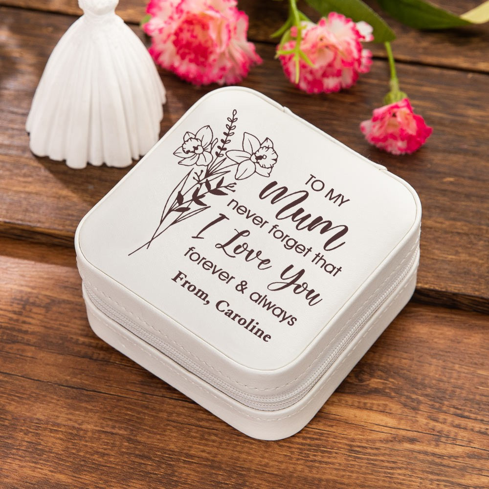 Custom Name Birth Flower Jewelry Travel Case, Vegan Leather Mom's Portable Jewelry Box, Birthday/Anniversary/Mother's Day Gift for Mom/Grandma/Wife