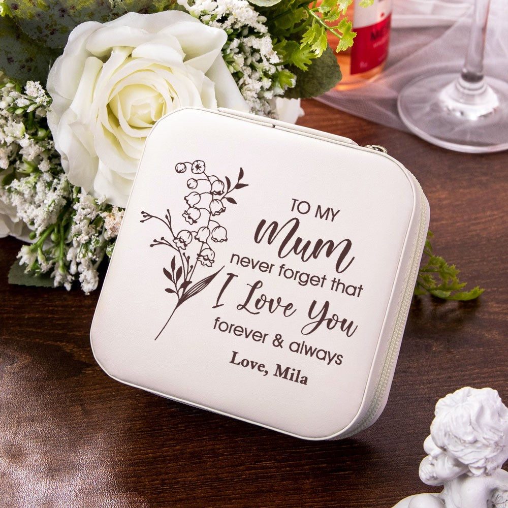 Custom Name Birth Flower Jewelry Travel Case, Vegan Leather Mom's Portable Jewelry Box, Birthday/Anniversary/Mother's Day Gift for Mom/Grandma/Wife