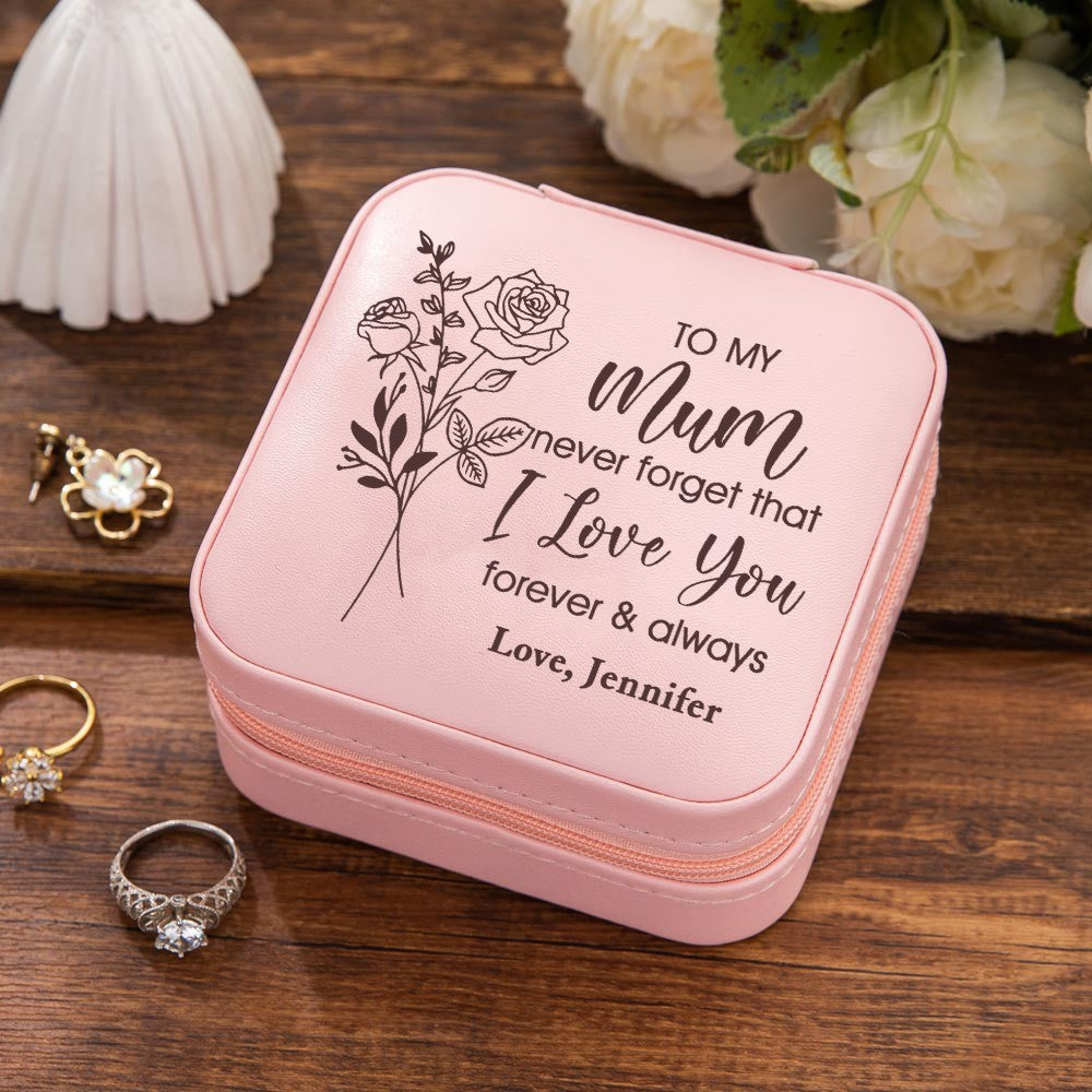 Custom Name Birth Flower Jewelry Travel Case, Vegan Leather Mom's Portable Jewelry Box, Birthday/Anniversary/Mother's Day Gift for Mom/Grandma/Wife