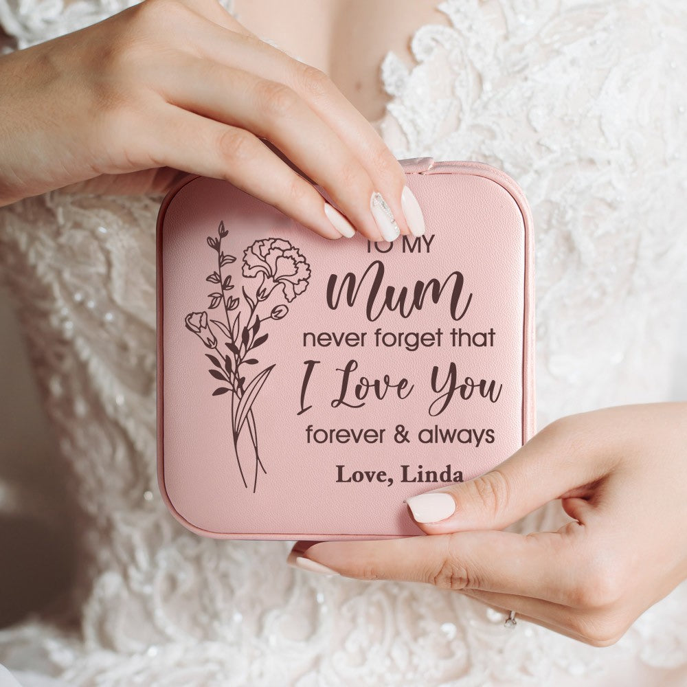 Custom Name Birth Flower Jewelry Travel Case, Vegan Leather Mom's Portable Jewelry Box, Birthday/Anniversary/Mother's Day Gift for Mom/Grandma/Wife