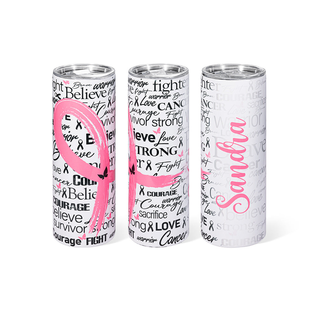Custom Name Breast Cancer Awareness Skinny Tumbler, Breast Cancer Warrior Tumbler, Breast Cancer Awareness Month Gift, Cancer Survivor Gifts for Women