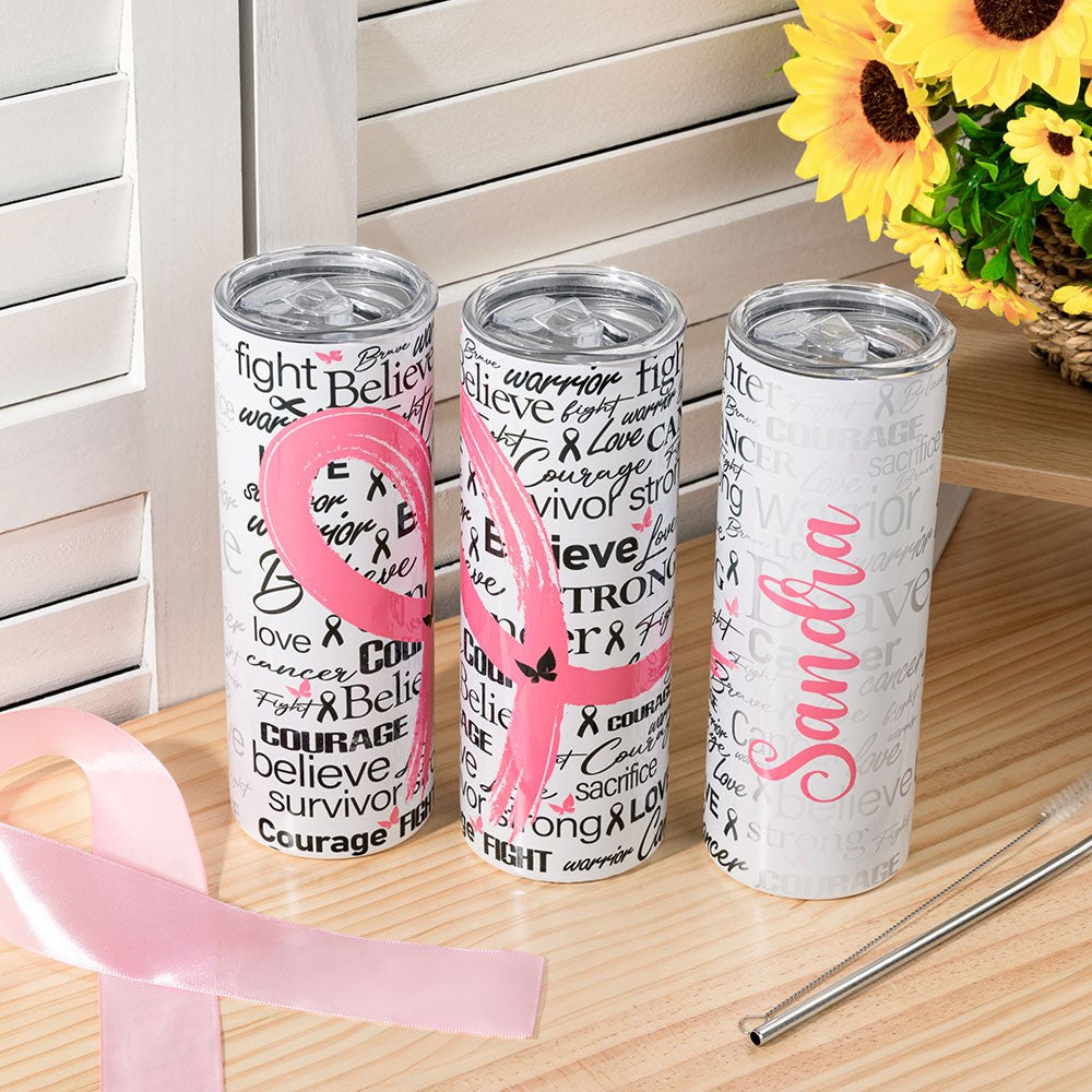 Custom Name Breast Cancer Awareness Skinny Tumbler, Breast Cancer Warrior Tumbler, Breast Cancer Awareness Month Gift, Cancer Survivor Gifts for Women