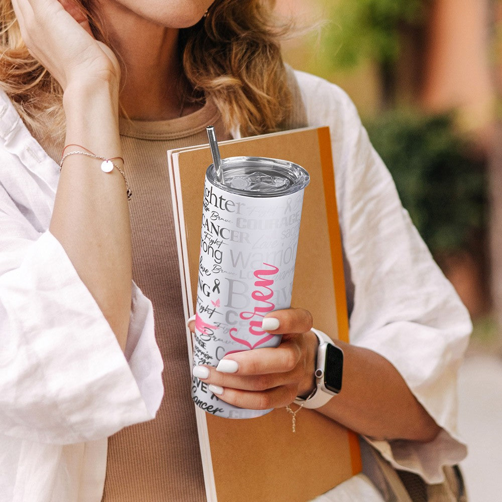 Custom Name Breast Cancer Awareness Skinny Tumbler, Breast Cancer Warrior Tumbler, Breast Cancer Awareness Month Gift, Cancer Survivor Gifts for Women