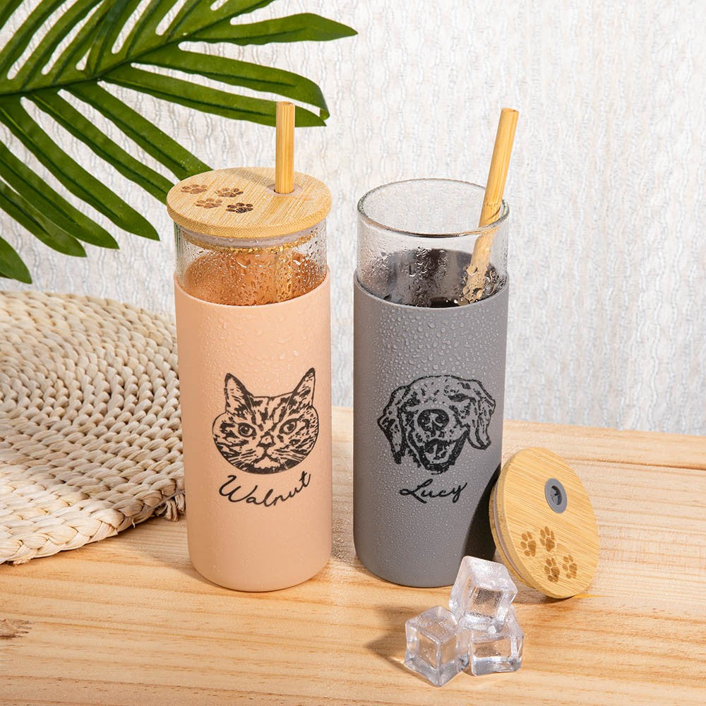 Personalized Pet Portrait Glass Cup, Custom Pet Photo Silicone Sleeved Tumbler with Bamboo Lid & Straw, Birthday/Anniversary Gift for Pet Lover/Owner