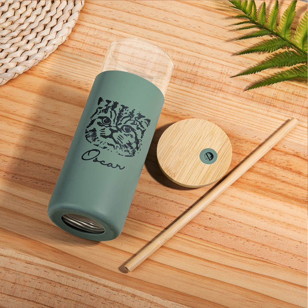 Personalized Pet Portrait Glass Cup, Custom Pet Photo Silicone Sleeved Tumbler with Bamboo Lid & Straw, Birthday/Anniversary Gift for Pet Lover/Owner