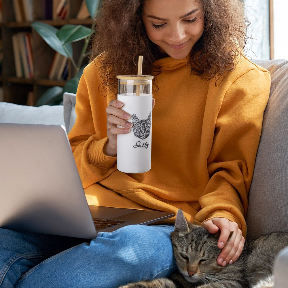 Personalized Pet Portrait Glass Cup, Custom Pet Photo Silicone Sleeved Tumbler with Bamboo Lid & Straw, Birthday/Anniversary Gift for Pet Lover/Owner