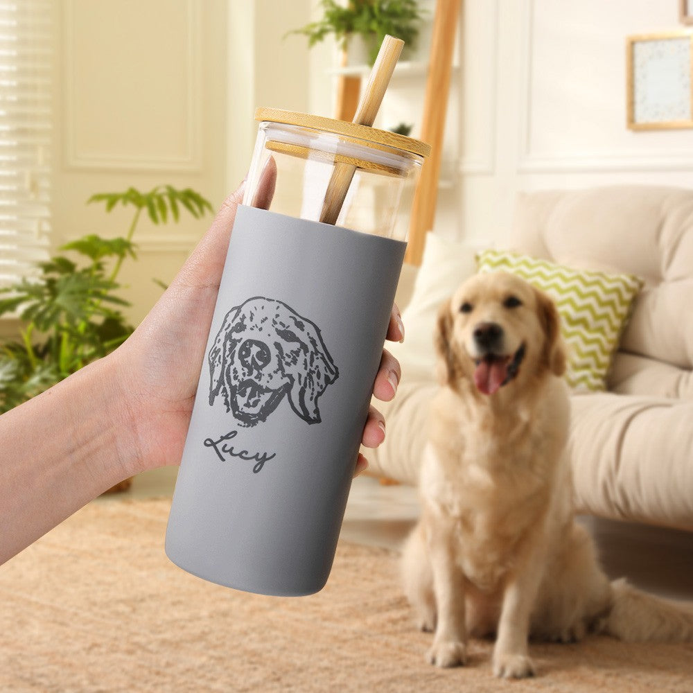 Personalized Pet Portrait Glass Cup, Custom Pet Photo Silicone Sleeved Tumbler with Bamboo Lid & Straw, Birthday/Anniversary Gift for Pet Lover/Owner