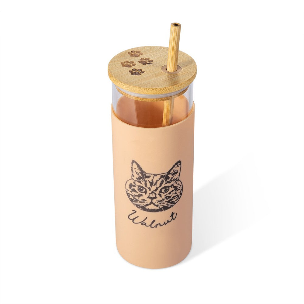 Personalized Pet Portrait Glass Cup, Custom Pet Photo Silicone Sleeved Tumbler with Bamboo Lid & Straw, Birthday/Anniversary Gift for Pet Lover/Owner