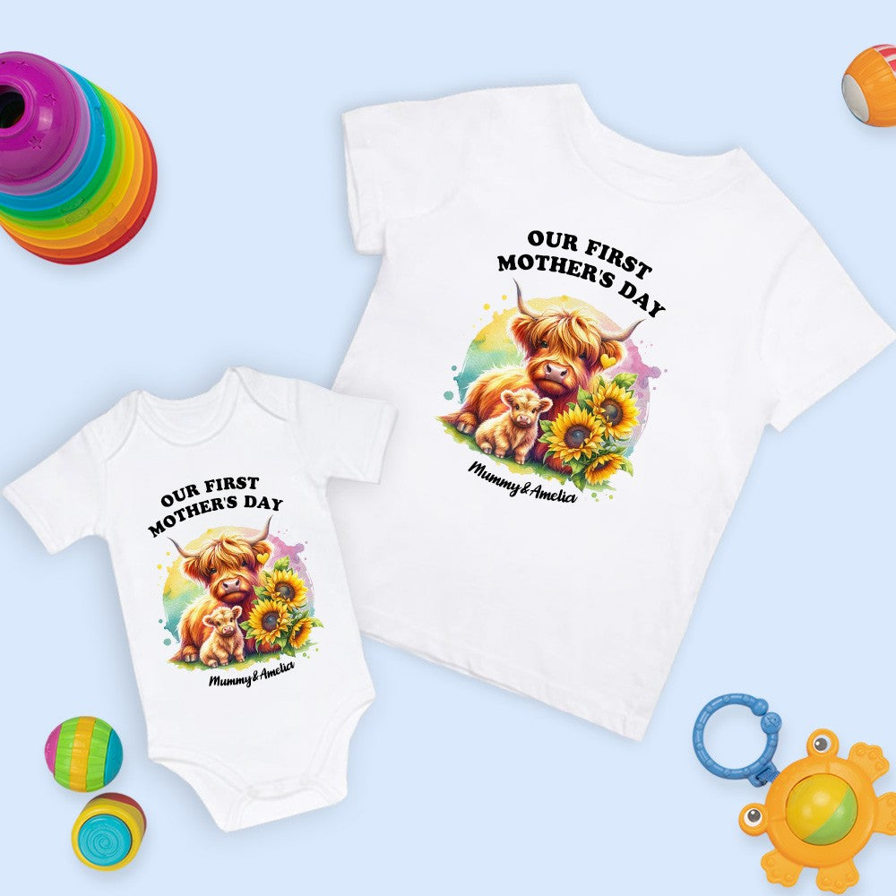Custom Our First Mother's Day Mom & Baby Set Matching Shirts, Highland Cows Cotton Mummy T-shirt & Baby Bodysuit Set, New Mom Gift, Mother's Day Gift