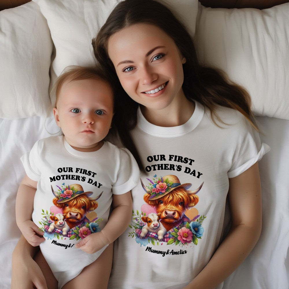 Custom Our First Mother's Day Mom & Baby Set Matching Shirts, Highland Cows Cotton Mummy T-shirt & Baby Bodysuit Set, New Mom Gift, Mother's Day Gift