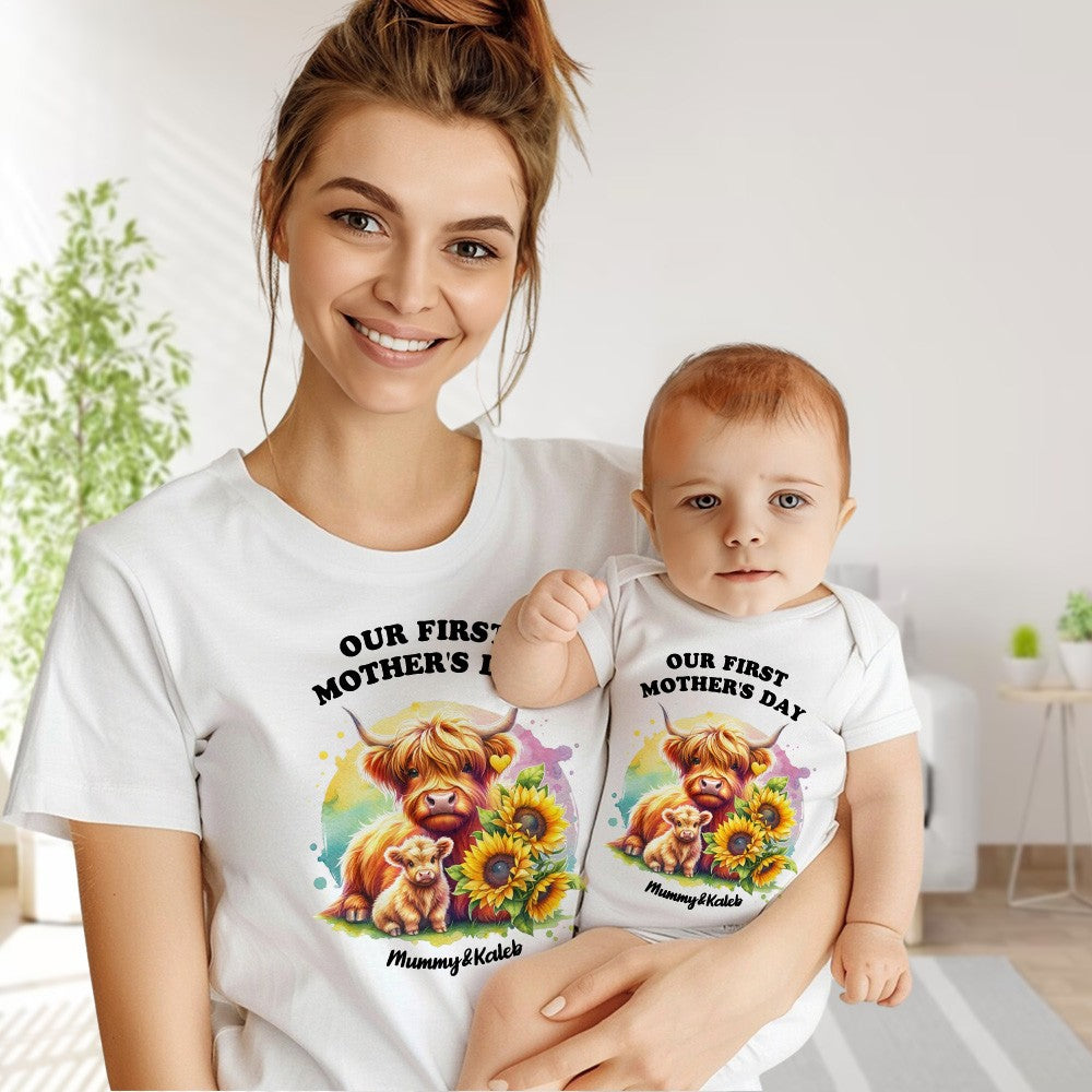 Custom Our First Mother's Day Mom & Baby Set Matching Shirts, Highland Cows Cotton Mummy T-shirt & Baby Bodysuit Set, New Mom Gift, Mother's Day Gift