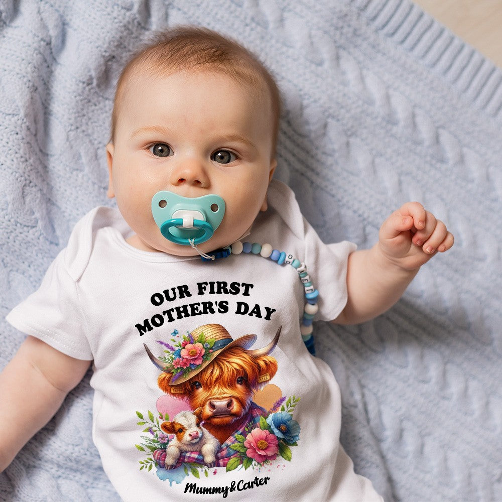 Custom Our First Mother's Day Mom & Baby Set Matching Shirts, Highland Cows Cotton Mummy T-shirt & Baby Bodysuit Set, New Mom Gift, Mother's Day Gift