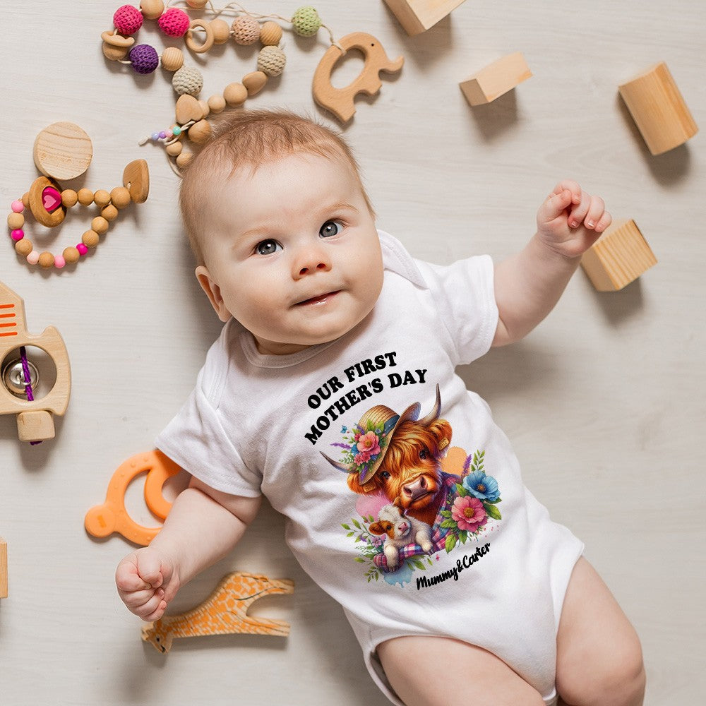 Custom Our First Mother's Day Mom & Baby Set Matching Shirts, Highland Cows Cotton Mummy T-shirt & Baby Bodysuit Set, New Mom Gift, Mother's Day Gift