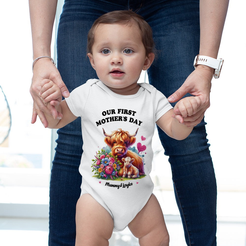 Custom Our First Mother's Day Mom & Baby Set Matching Shirts, Highland Cows Cotton Mummy T-shirt & Baby Bodysuit Set, New Mom Gift, Mother's Day Gift