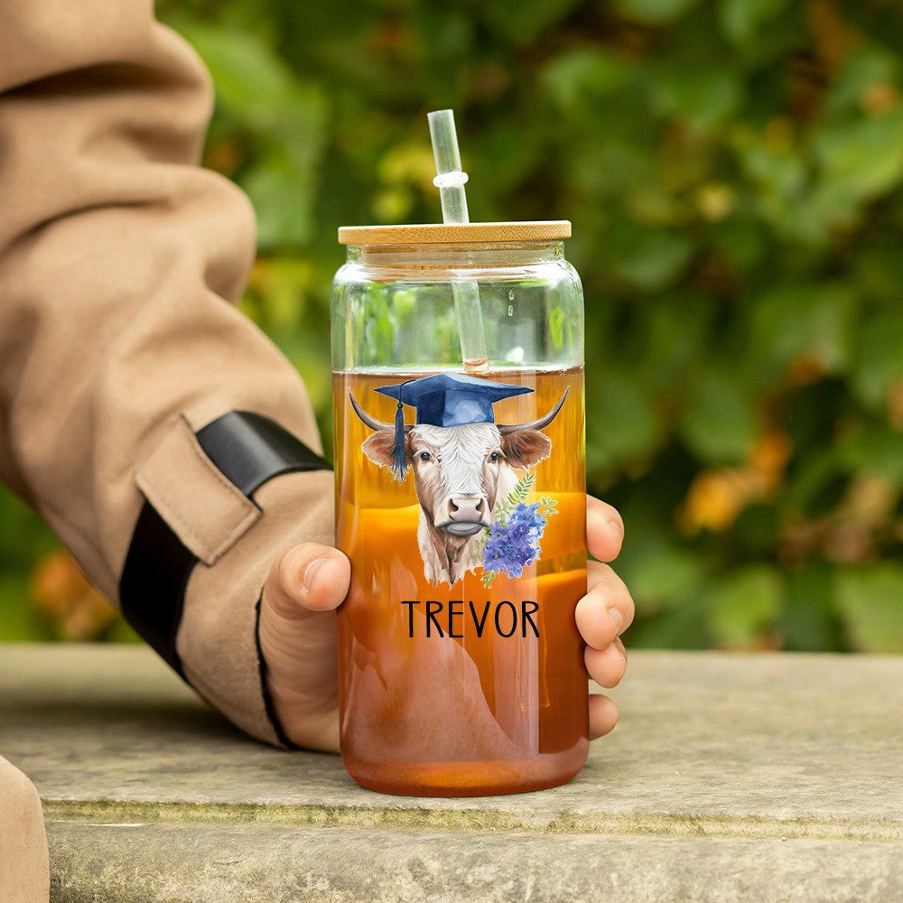Custom Name Highland Cow Glass Cup, 12/16/20oz Tumbler with Straw & Bamboo Lid, Coffee Tea Mug, Graduation Gift, Gift for Graduate/Cow Lover/Family