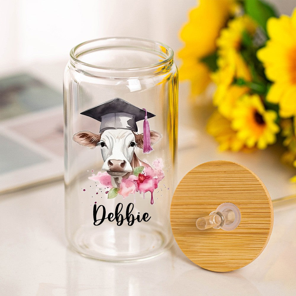Custom Name Highland Cow Glass Cup, 12/16/20oz Tumbler with Straw & Bamboo Lid, Coffee Tea Mug, Graduation Gift, Gift for Graduate/Cow Lover/Family