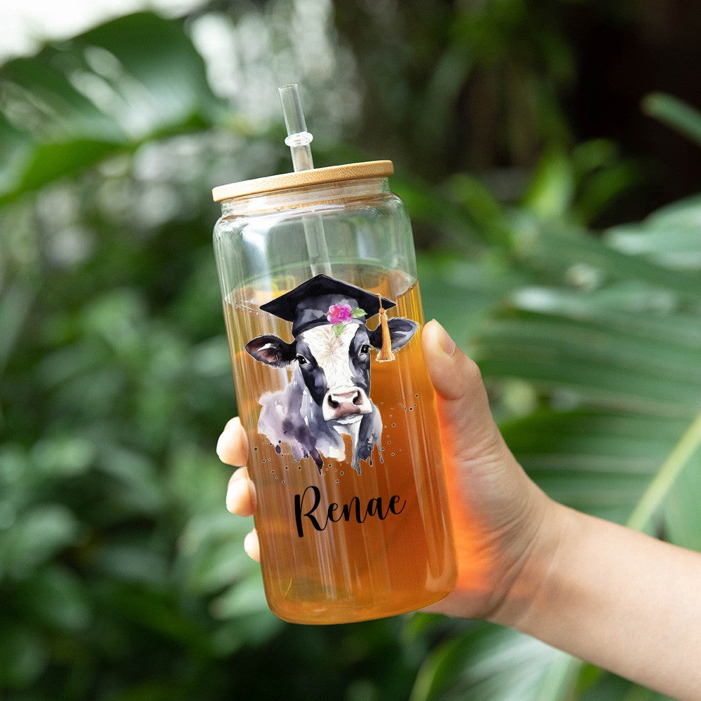 Custom Name Highland Cow Glass Cup, 12/16/20oz Tumbler with Straw & Bamboo Lid, Coffee Tea Mug, Graduation Gift, Gift for Graduate/Cow Lover/Family