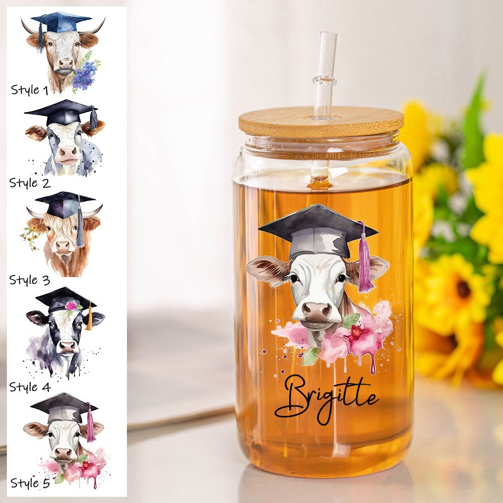 Custom Name Highland Cow Glass Cup, 12/16/20oz Tumbler with Straw & Bamboo Lid, Coffee Tea Mug, Graduation Gift, Gift for Graduate/Cow Lover/Family