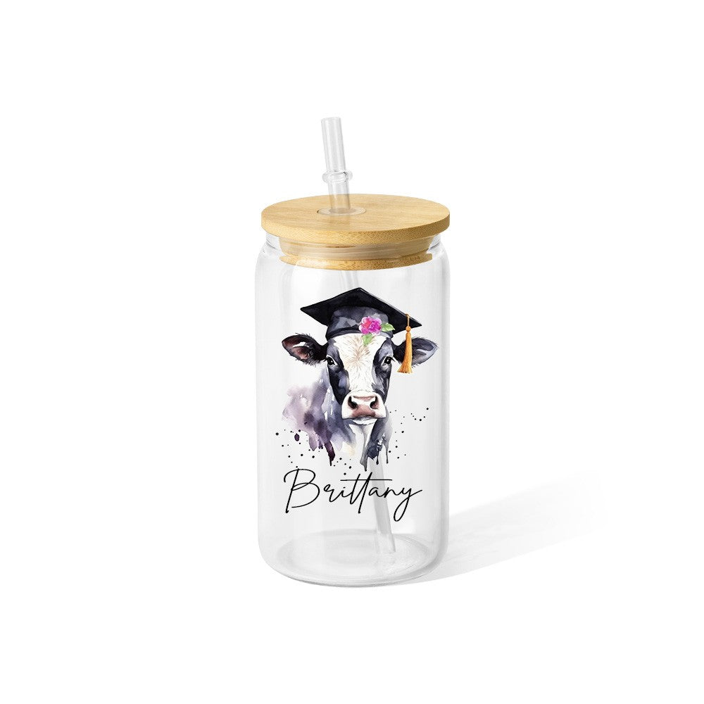 Custom Name Highland Cow Glass Cup, 12/16/20oz Tumbler with Straw & Bamboo Lid, Coffee Tea Mug, Graduation Gift, Gift for Graduate/Cow Lover/Family