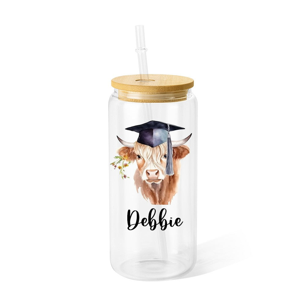 Custom Name Highland Cow Glass Cup, 12/16/20oz Tumbler with Straw & Bamboo Lid, Coffee Tea Mug, Graduation Gift, Gift for Graduate/Cow Lover/Family