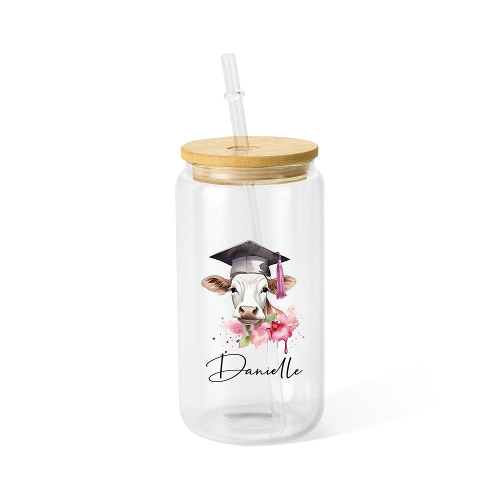 Custom Name Highland Cow Glass Cup, 12/16/20oz Tumbler with Straw & Bamboo Lid, Coffee Tea Mug, Graduation Gift, Gift for Graduate/Cow Lover/Family