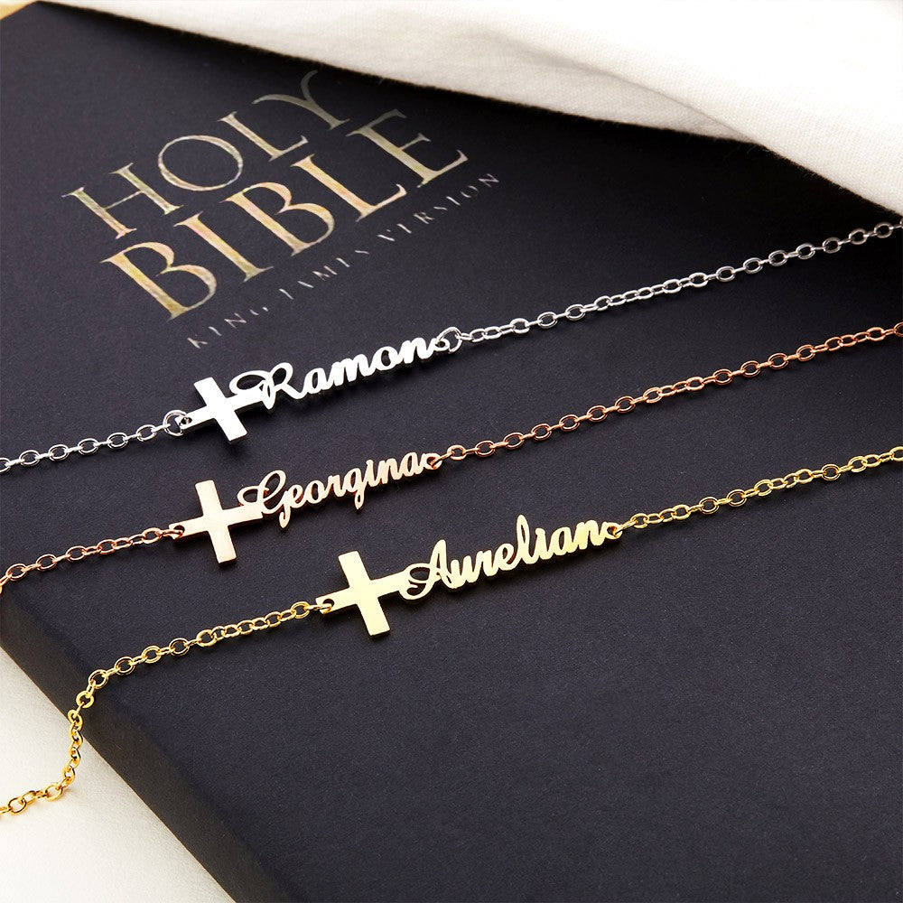 Custom Cross Name Bracelet, Sterling Silver 925 Handwriting Name Jewelry, Christening/First Communion Gift, Birthday/Mother's Day Gift for Her/Mom